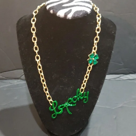 Betsey Johnson green Lucky inscription green bow and emerald gold chain necklace - Picture 6 of 8